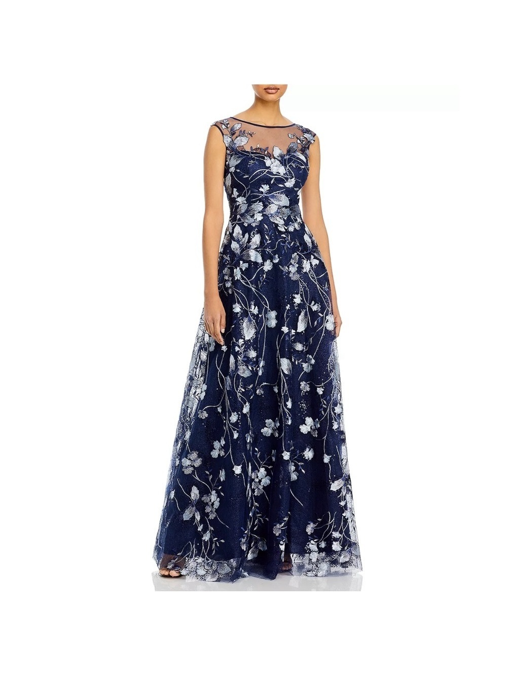 Teri Jon Embroidered Mesh Gown in Navy/Silver, NWT, Size 16
